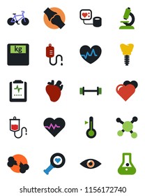 Color and black flat icon set - heart vector, pulse, blood pressure, dropper, diagnostic, microscope, scales, barbell, bike, real, implant, eye, joint, broken bone, clipboard, molecule, thermometer