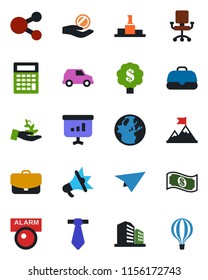 Color and black flat icon set - alarm led vector, palm sproute, motivation, earth, office chair, investment, cash, case, calculator, car, paper plane, social media, advertising, pedestal, tie