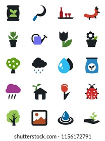 Color and black flat icon set - storm cloud vector, flower in pot, tree, watering can, lady bug, water drop, rain, sickle, caterpillar, fertilizer, tulip, gallery, fruit, alcohol, eco house