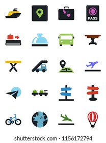 Color and black flat icon set - departure vector, arrival, suitcase, baggage conveyor, airport bus, reception bell, passport, larry, ladder car, picnic table, bike, signpost, navigation, earth