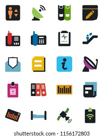 Color and black flat icon set - satellite antenna vector, elevator, escalator, book, document, pulse clipboard, office phone, barcode, radio, mail, notes, news, identity card, paper binder, bedroom