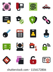 Color and black flat icon set - alarm car vector, safe, flammable, chain, protect, sd, face id, identity card, stamp, key, lock, estate insurance, home control, fingerprint, wireless, intercome