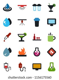 Color and black flat icon set - hot cup vector, water drop, dropper, flammable, monitor, alcohol, cocktail, filter, sprinkler, flask