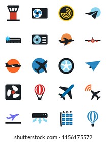 Color and black flat icon set - plane vector, airport tower, radar, departure, seat map, air conditioner, fan, paper, balloon