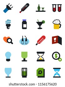 Color and black flat icon set - bulb vector, blood test vial, thermometer, heart diagnostic, ampoule, fragile, torch, document search, alcohol, wine card, drink, cocktail, beer, energy saving, money