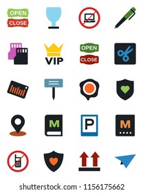 Color and black flat icon set - parking vector, no mobile, laptop, vip, stamp, plant label, heart shield, fragile, up side sign, barcode, sd, cut, place tag, pen, menu, open close, paper plane