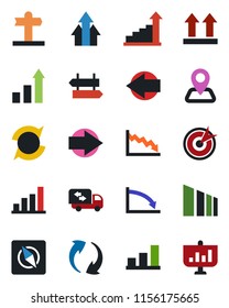 Color and black flat icon set - signpost vector, right arrow, left, growth statistic, navigation, up side sign, sorting, update, compass, bar graph, moving, target, crisis, presentation
