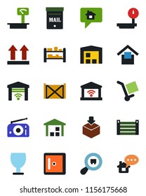 Color and black flat icon set - checkroom vector, container, fragile, cargo, warehouse storage, up side sign, package, heavy scales, search, rack, radio, mailbox, garage gate control, home message