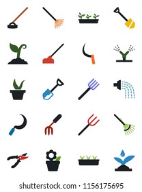 Color and black flat icon set - job vector, flower in pot, garden fork, shovel, farm, rake, seedling, watering, sproute, pruner, hoe, sickle, irrigation