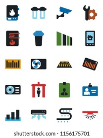 Color and black flat icon set - security gate vector, identity card, drip irrigation, sorting, barcode, root setup, air conditioner, water heater, home control app, filter, warm floor, surveillance