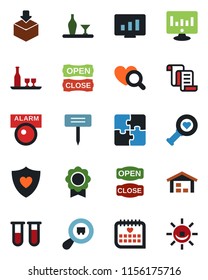 Color and black flat icon set - contract vector, statistic monitor, plant label, blood test vial, heart diagnostic, shield, medical calendar, package, search cargo, application, sertificate, alcohol