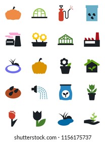 Color and black flat icon set - factory vector, flower in pot, watering, pumpkin, greenhouse, seeds, pond, garden sprayer, fertilizer, tulip, eco house, palm sproute