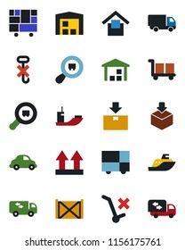 Color and black flat icon set - sea shipping vector, car delivery, container, consolidated cargo, warehouse storage, up side sign, no trolley, hook, package, search, moving