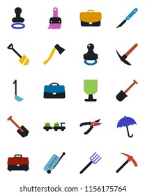 Color and black flat icon set - suitcase vector, umbrella, stamp, baggage larry, job, shovel, farm fork, pruner, axe, scalpel, fragile, themes, case, ladle, hard work