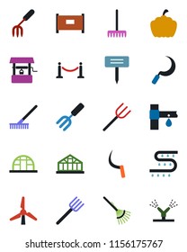 Color and black flat icon set - fence vector, garden fork, farm, rake, well, sickle, plant label, pumpkin, greenhouse, drip irrigation, windmill