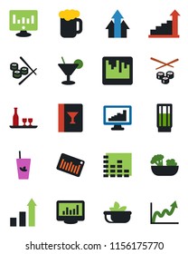 Color and black flat icon set - growth statistic vector, monitor, barcode, equalizer, scanner, statistics, alcohol, wine card, drink, cocktail, phyto bar, beer, salad, sushi, arrow up graph