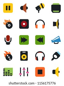 Color and black flat icon set - flame disk vector, microphone, speaker, loudspeaker, equalizer, headphones, pause button, stop, fast forward, rewind, rec, hdmi, tuning, sound