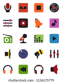 Color and black flat icon set - vinyl vector, microphone, radio, speaker, settings, equalizer, headphones, play button, stop, rewind, rec, tuning, bell, record, music, sound