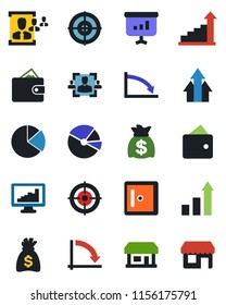 Color and black flat icon set - checkroom vector, growth statistic, money bag, crisis graph, store, monitor statistics, pie, hr, target, arrow up, wallet, presentation, storefront