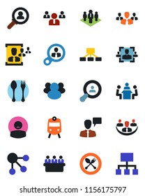 Color and black flat icon set - spoon and fork vector, train, speaking man, team, meeting, patient, group, company, hr, client search, consumer, social media, hierarchy