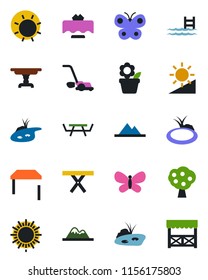 Color and black flat icon set - sun vector, flower in pot, lawn mower, butterfly, pond, picnic table, brightness, pool, fruit tree, mountains, restaurant, alcove