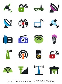 Color and black flat icon set - antenna vector, satellite, wireless notebook, office phone, radio, remote control, cellular signal, lock, router, garage gate