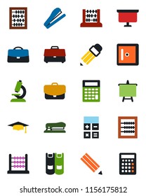 Color and black flat icon set - checkroom vector, book, calculator, graduate, abacus, presentation board, microscope, case, pencil, stapler