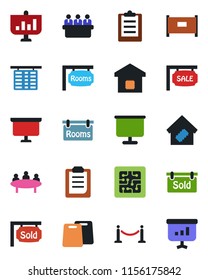 Color and black flat icon set - fence vector, flight table, presentation board, meeting, clipboard, sale, rooms, sold signboard, smart home, cutting, chip