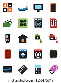 Color and black flat icon set - calculator vector, monitor, phone back, sim, washer, smart home, credit card, control, chip, remote, router, usb flash