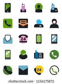 Color and black flat icon set - phone vector, mobile, office, 24 hours, support, cell, radio, mail, call