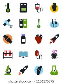 Color and black flat icon set - book vector, blood test vial, dropper, microscope, ampoule, real heart, joint, virus, satellite, sd, thermometer, rocket, flask