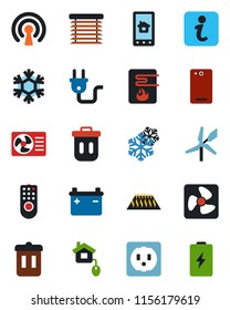Color and black flat icon set - phone back vector, home control, socket, power plug, fan, remote, water heater, wireless, snowflake, air conditioner, app, warm floor, jalousie, trash bin, windmill