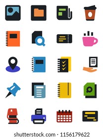 Color and black flat icon set - ticket vector, notepad, document, coffee, calendar, printer, pin, news, gallery, folder, copybook, drawing, search, checklist, book, schedule