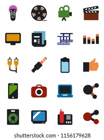 Color and black flat icon set - clapboard vector, film frame, reel, camera, news, equalizer, tv, video, remote control, cell phone, monitor, laptop pc, radio, share, speaker, finger up, battery, rca