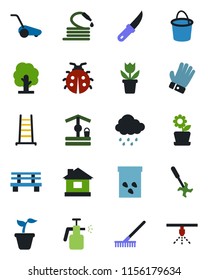 Color and black flat icon set - flower in pot vector, rake, ladder, seedling, tree, bucket, glove, lawn mower, lady bug, house, rain, well, hose, garden knife, bench, seeds, sprayer, ripper