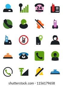 Color and black flat icon set - no mobile vector, office phone, 24 hours, support, tracking, radio, call, mute, cellular signal, reception