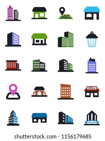 Color and black flat icon set - shop vector, office building, garden light, navigation, store, city house, cafe, storefront