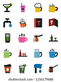 Color and black flat icon set - hot cup vector, coffee, water supply, alcohol, wine card, drink, cocktail, phyto bar, beer, turkish