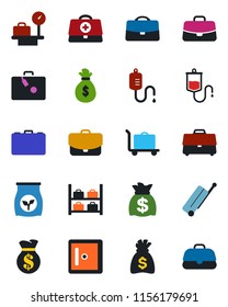 Color and black flat icon set - suitcase vector, baggage trolley, luggage storage, scales, checkroom, case, money bag, fertilizer, doctor, dropper