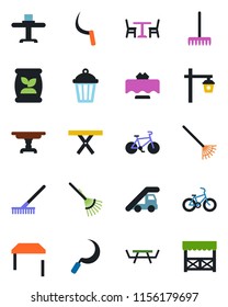 Color and black flat icon set - cafe vector, ladder car, rake, sickle, garden light, picnic table, fertilizer, bike, restaurant, alcove