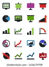 Color and black flat icon set - growth statistic vector, presentation board, crisis graph, circle chart, monitor pulse, statistics, bar, pie, point