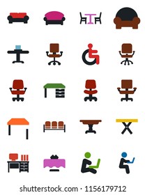 Color and black flat icon set - cafe vector, waiting area, office chair, desk, picnic table, disabled, cushioned furniture, restaurant, man with notebook