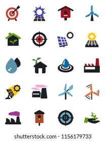Color and black flat icon set - factory vector, bird house, target, sun panel, windmill, eco, water, palm sproute