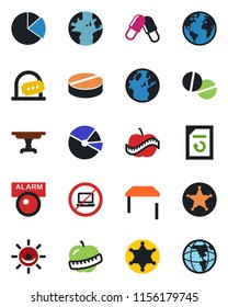 Color and black flat icon set - no laptop vector, ticket office, document reload, pills, diet, earth, pie graph, table, police, alarm led