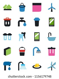 Color and black flat icon set - trash bin vector, shower, bucket, tooth, mobile, blank box, water supply, bathroom, serviette, filter, windmill