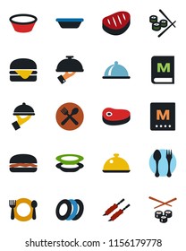 Color and black flat icon set - spoon and fork vector, dish, cafe, menu, plates, waiter, steak, kebab, hamburger, bowl, sushi