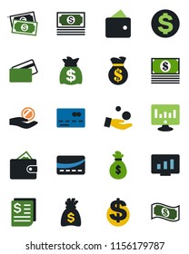 Color and black flat icon set - credit card vector, dollar sign, money bag, statistic monitor, cash, receipt, wallet, investment