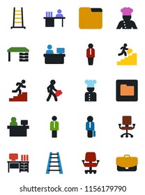 Color and black flat icon set - manager vector, desk, place, ladder, folder, career, cook, office chair, case