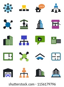 Color and black flat icon set - hierarchy vector, well, molecule, hospital, office building, garage, plan, home message