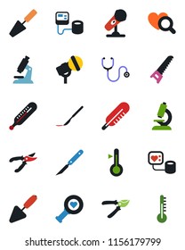 Color and black flat icon set - trowel vector, pruner, saw, stethoscope, blood pressure, thermometer, heart diagnostic, microscope, scalpel, microphone
